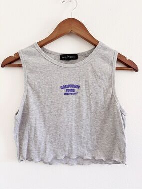 Social Scene Gray Ribbed Cropped Tank with Purple Graphic large